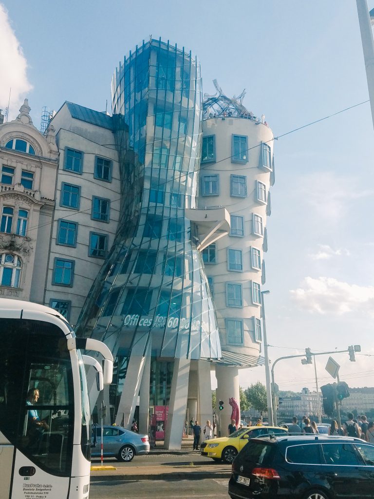 The uniquely-shaped Dancing House in Prague. Check it out if you're looking for interesting things to do in Prague.