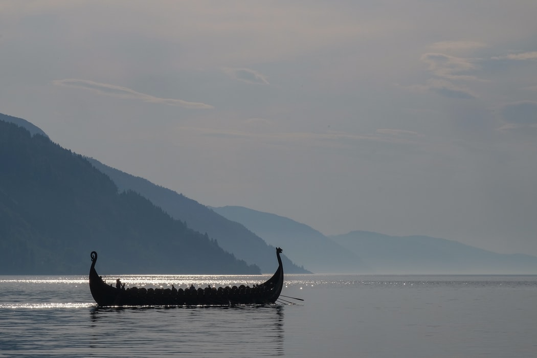 A photo of a Viking ship out on the water
