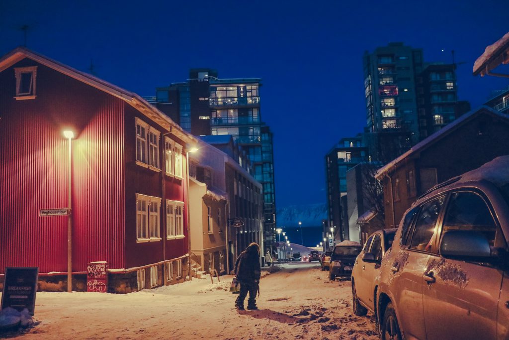 A city street in Iceland at night