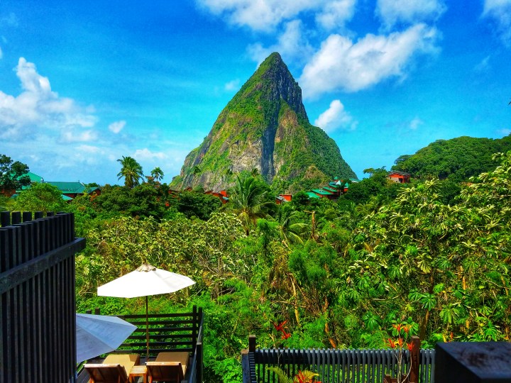 One of the two Pitons famous in St Lucia as seen from a restaurant in Soufriere