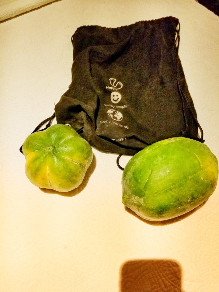 Photo of two mangoes and a black bag