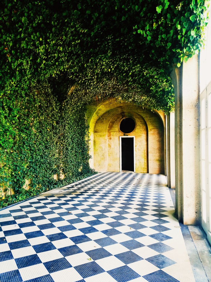 Indoor pool with black and white tile on Long Island at Oheka Castle