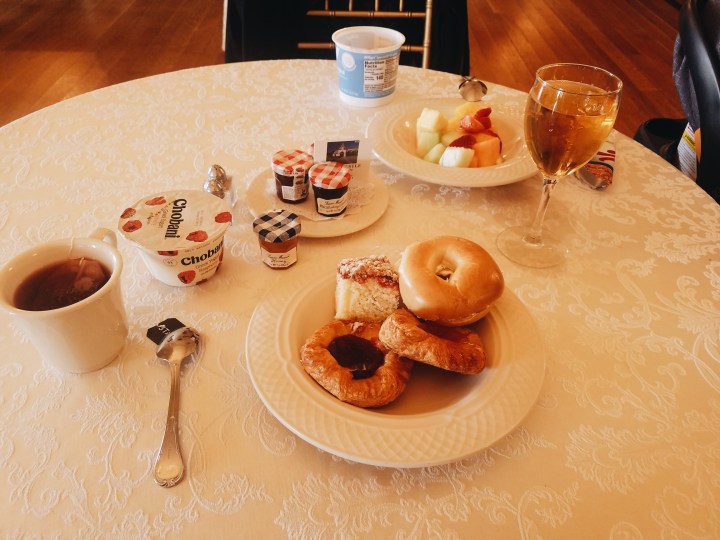 Continental Breakfast with bagels, pastries, yogurt, tea, and apple juice at Oheka Castle on Long Island