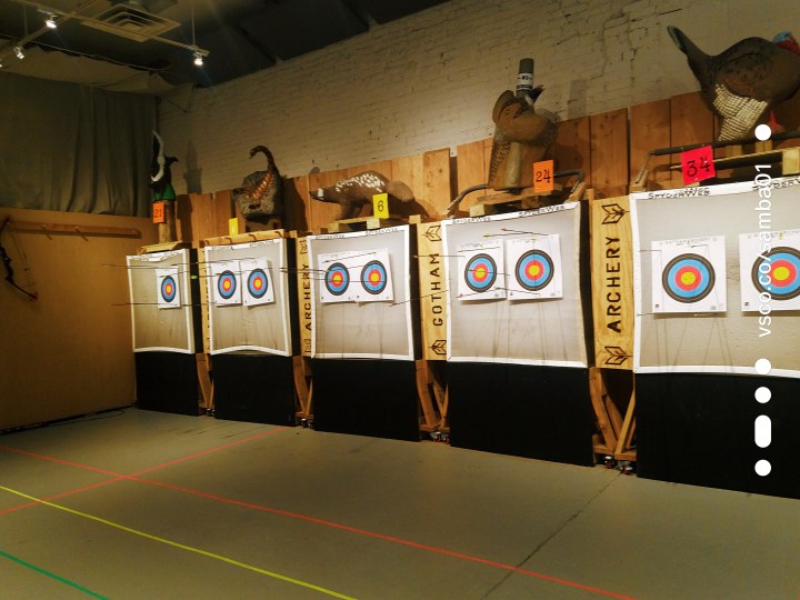 A series of archery targets are lined up for practice at Gotham Archery. 