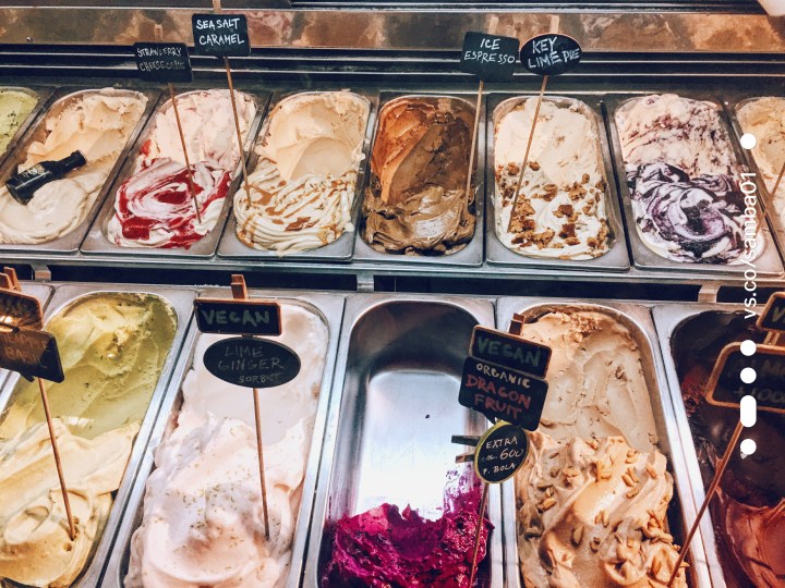 A case of different flavors of gelato