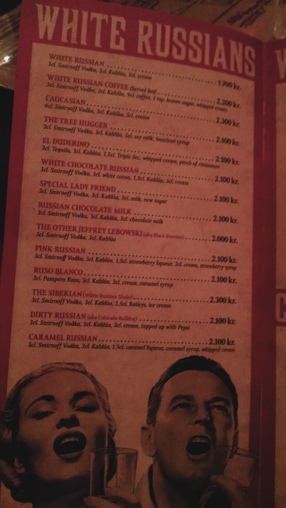 A menu of different white russians at the Lebowski Bar in Reykjavik