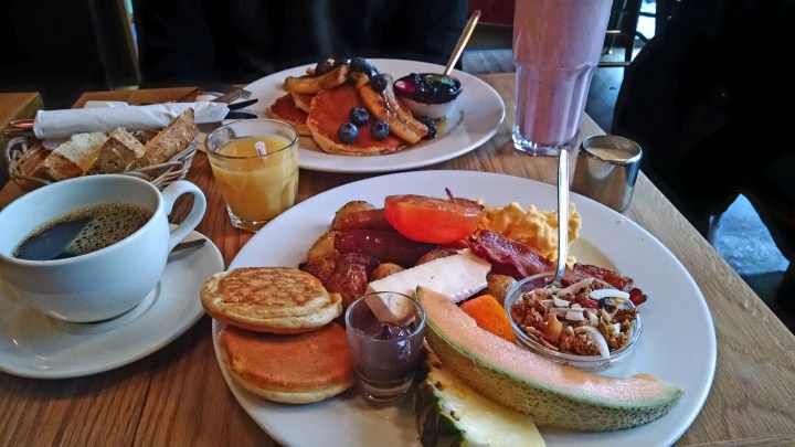 A brunch platter on a table at the Laundromat Cafe in Iceland