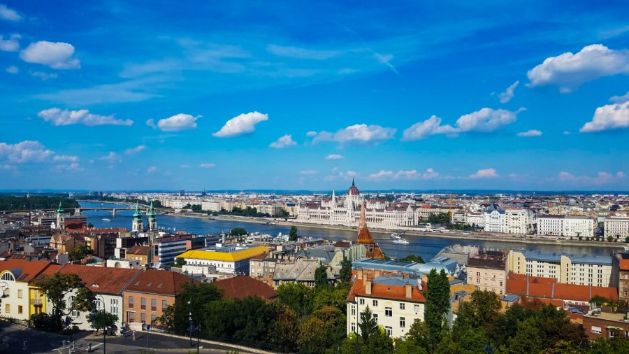 View of Budapest, Hungary from atop a high hill. 