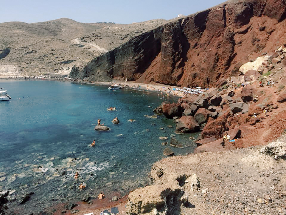 Photo of a beach down by the cliffs in Santorini