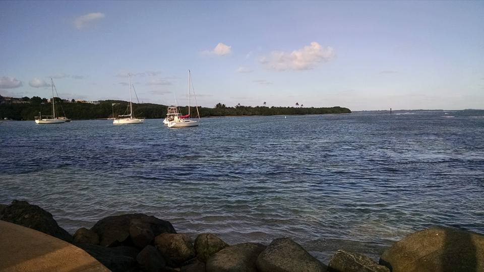 A landscape photo of the water, three boats are in the distance