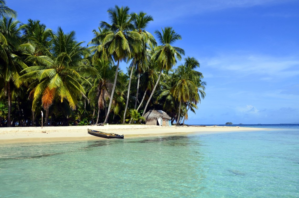 One of the Guna Yala Islands, featuring palm trees, clear water and blue sky