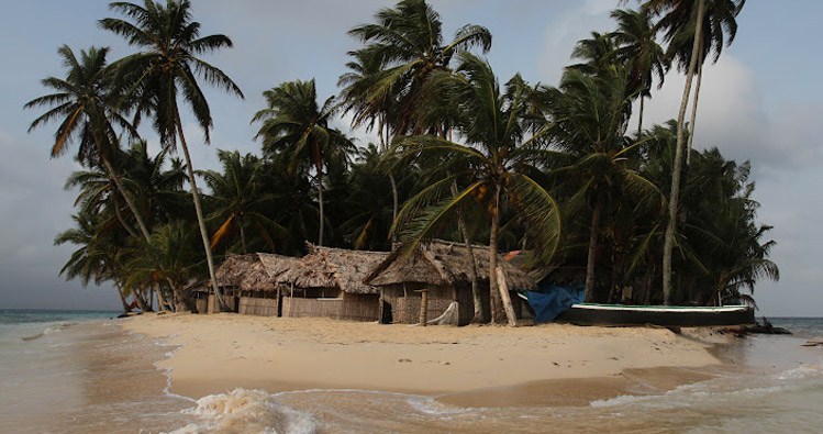 A few huts standing on an island filled with palm trees