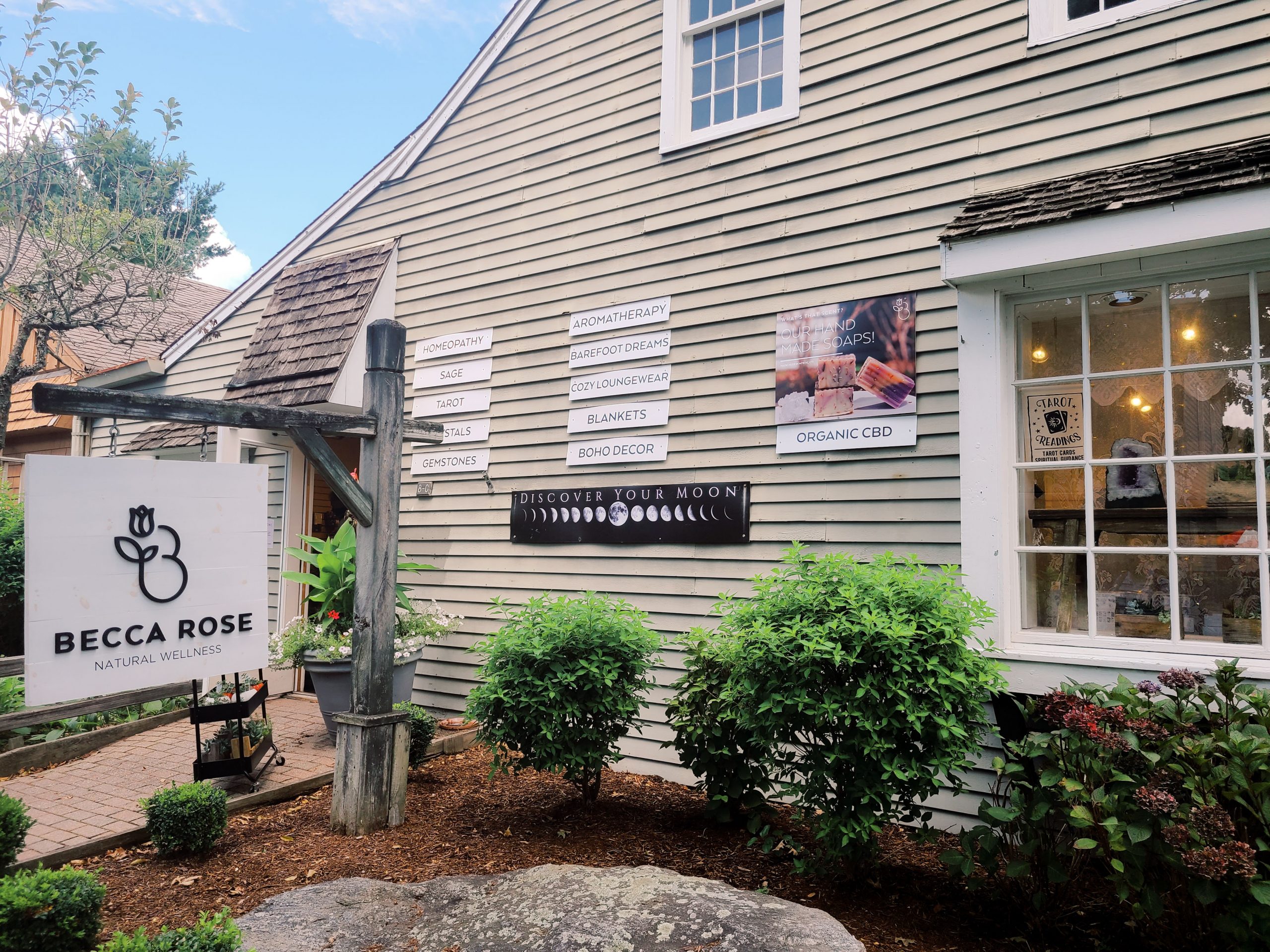 The exterior of a shop called "Becca Rose" in Mystic, Connecticut