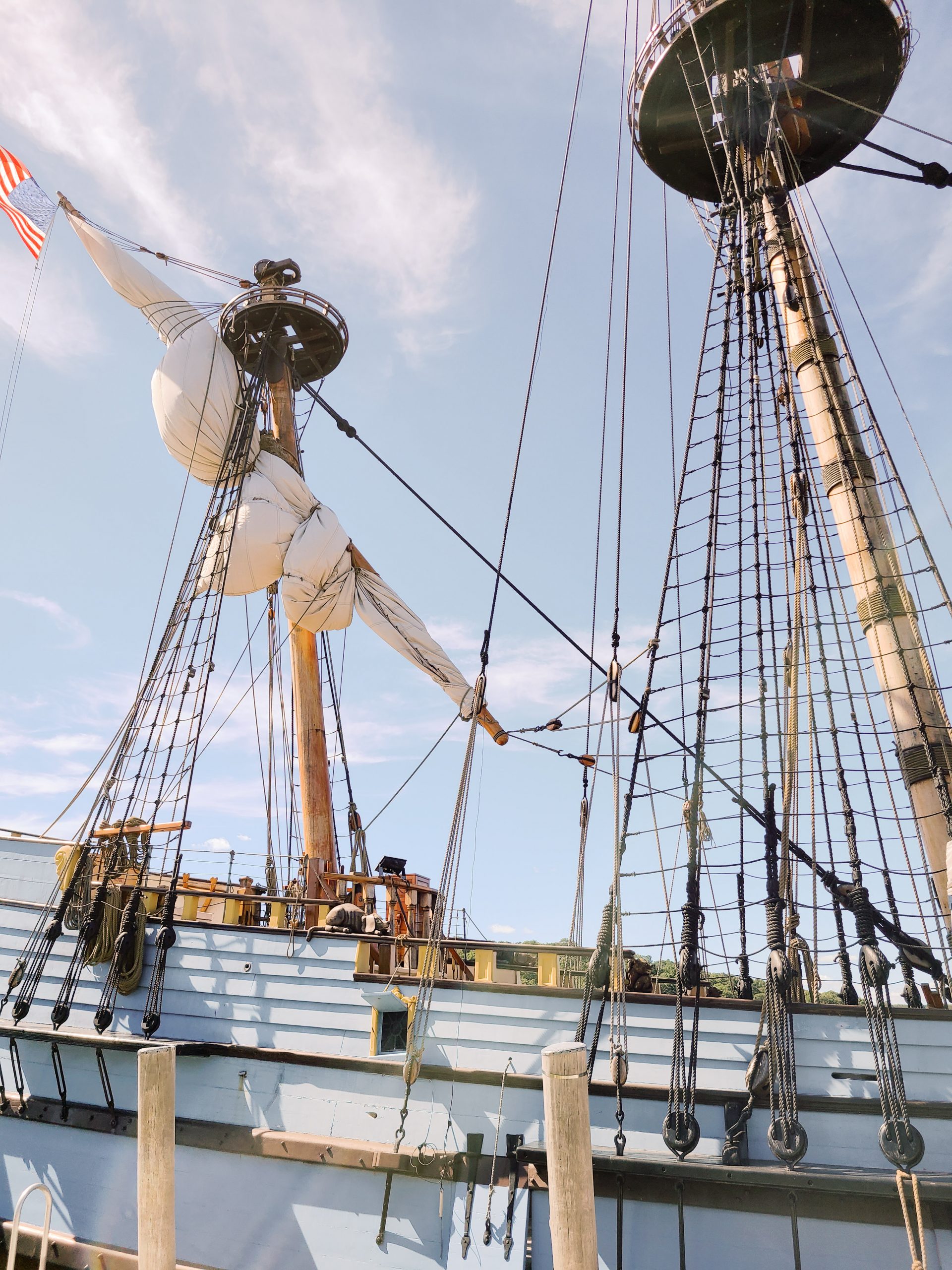 A photo of a pirate ship replica at the Seaport Museum
