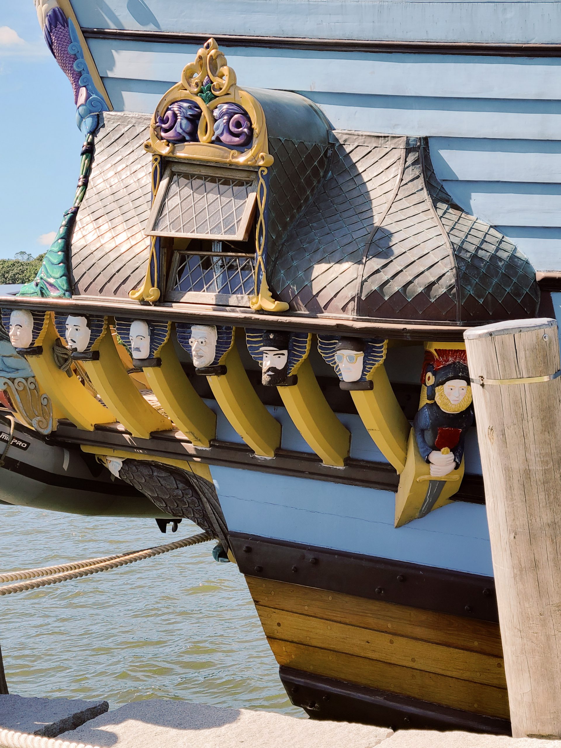 Close up photo of the details on the back of the pirate ship
