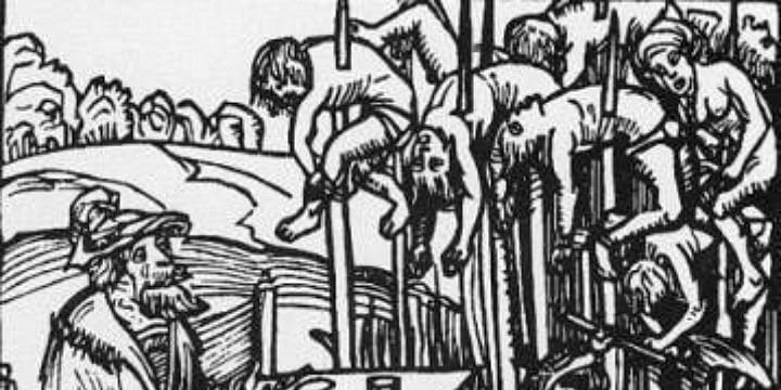 Drawn image depicting people impaled on spears
