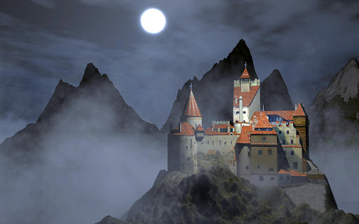 A castle sitting on a mountain top in the moonlight