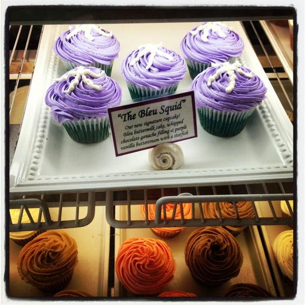 Trays of cupcakes on display at a bakery in Mystic, Connecticut