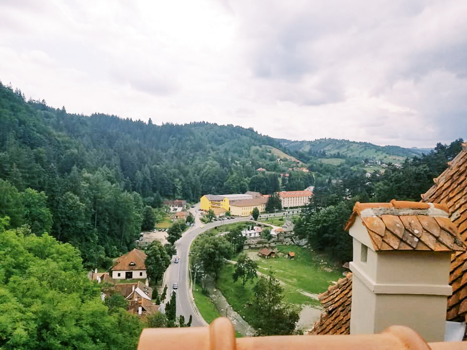 A landscape photo of buildings surrounded by forest, as seen from the top of Bran's castle