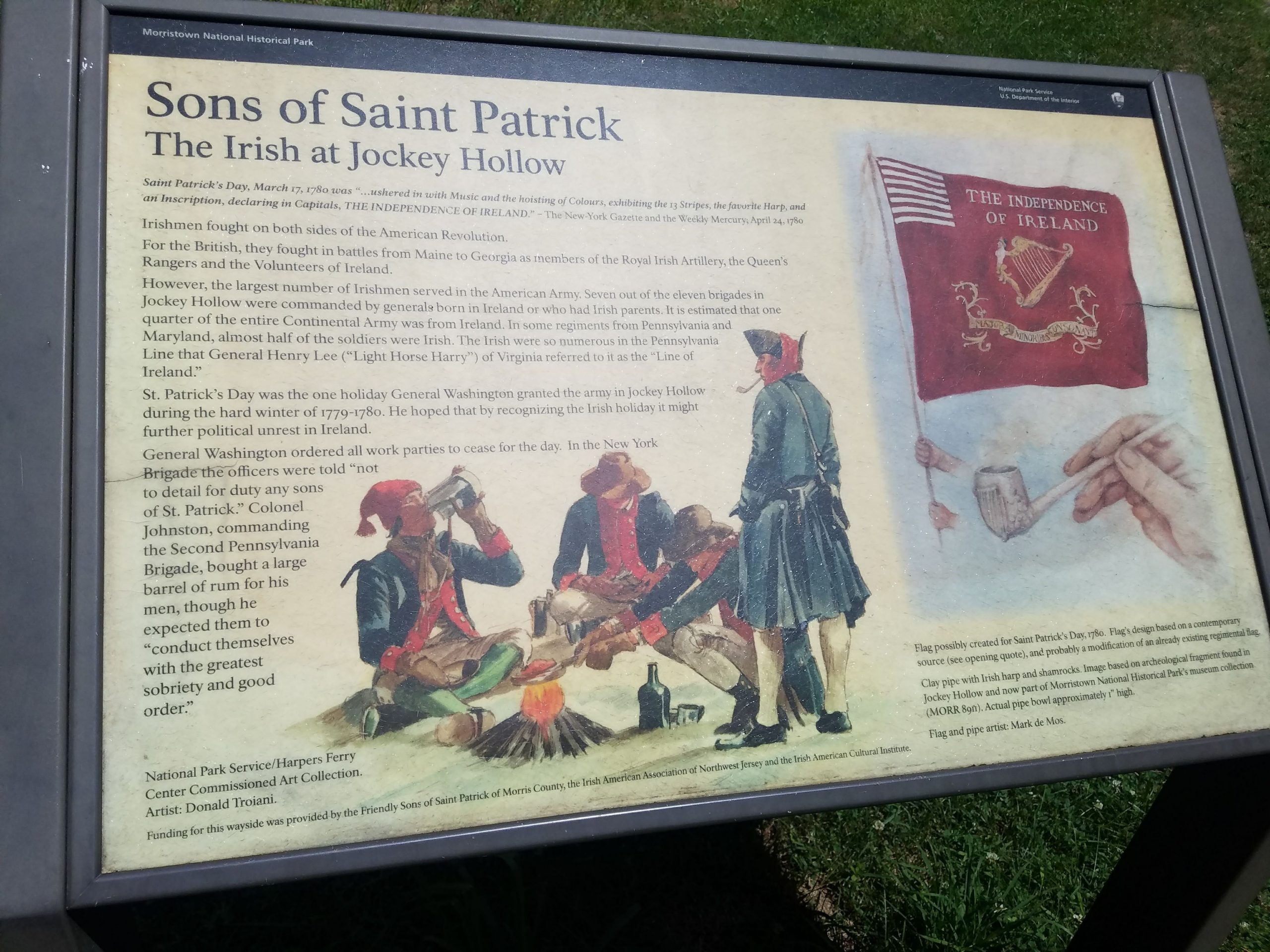 An informational sign about Irish soldiers in Jockey Hollow Park