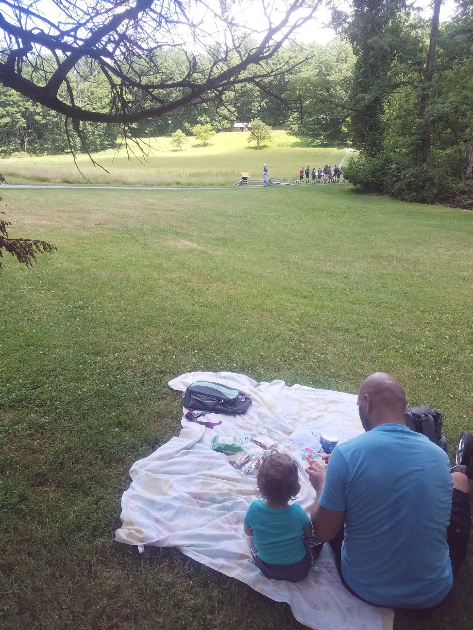 A man and child sit on the grass overlooking Jockey Hollow Park