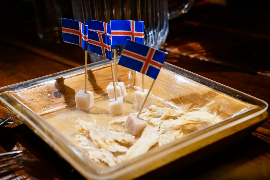 Cubes of fish with toothpicks featuring Iceland's flag